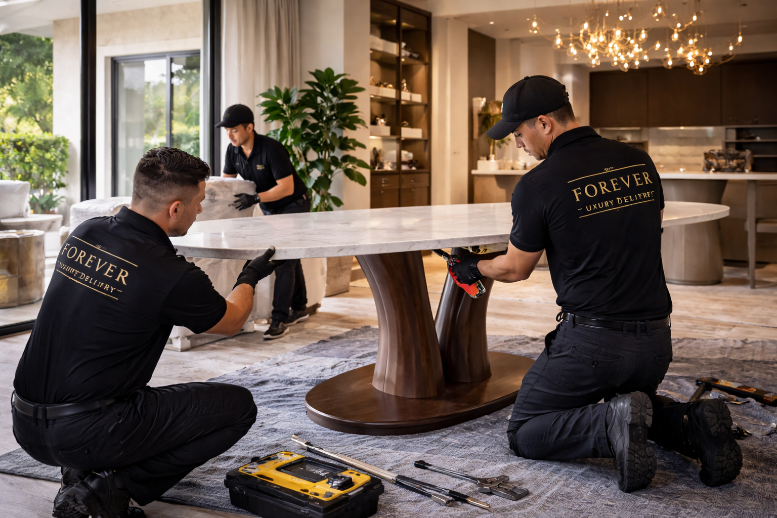 Professional crew assembling designer furniture