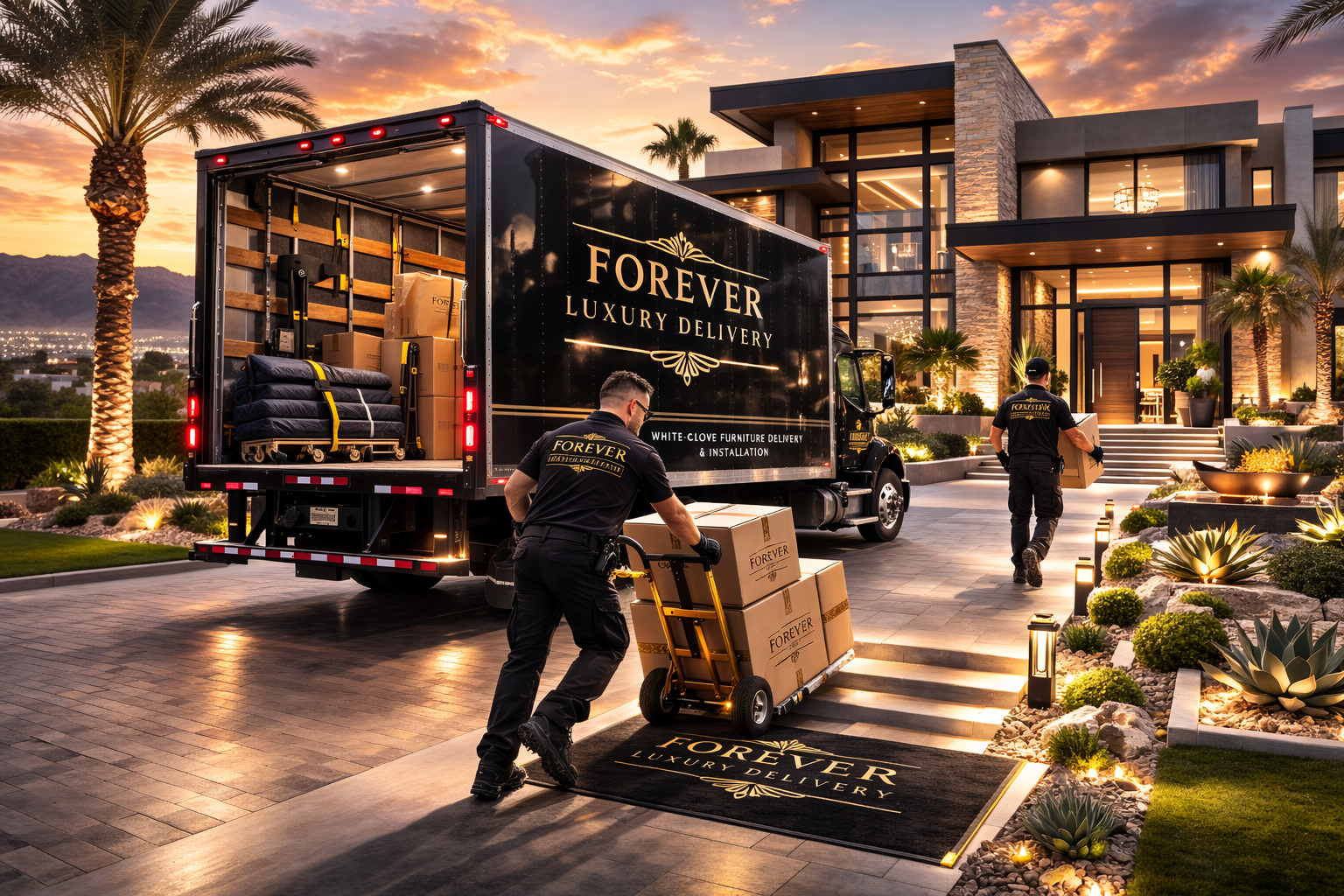 Forever Luxury delivery truck at luxury residential entrance